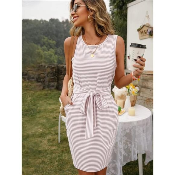 Womens Summer Sleeveless Striped T Shirt Dress Crew Neck Tie Waist Mini Dresses - Picture 2 of 7